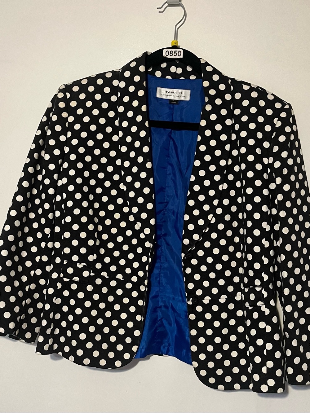 Tahari Black Polka Dot Blazer with Blue Lining